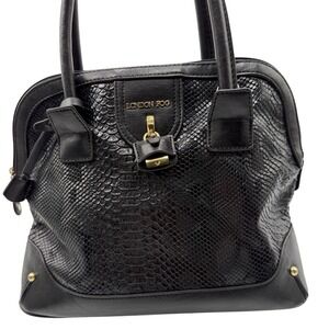 London Fog Black Faux Snakeskin Satchel Handbag Gold Hardware Plaid Lining
